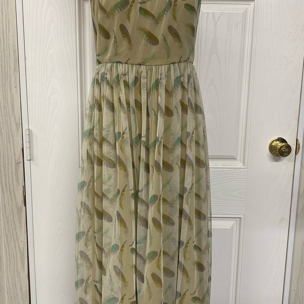 Fossil Sheer, Lined Feather-Print Green and Beige Cocktail Length Dress